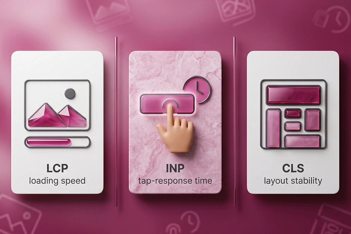 The three Core Web Vitals shown as icons: loading speed, tap response, and layout stability