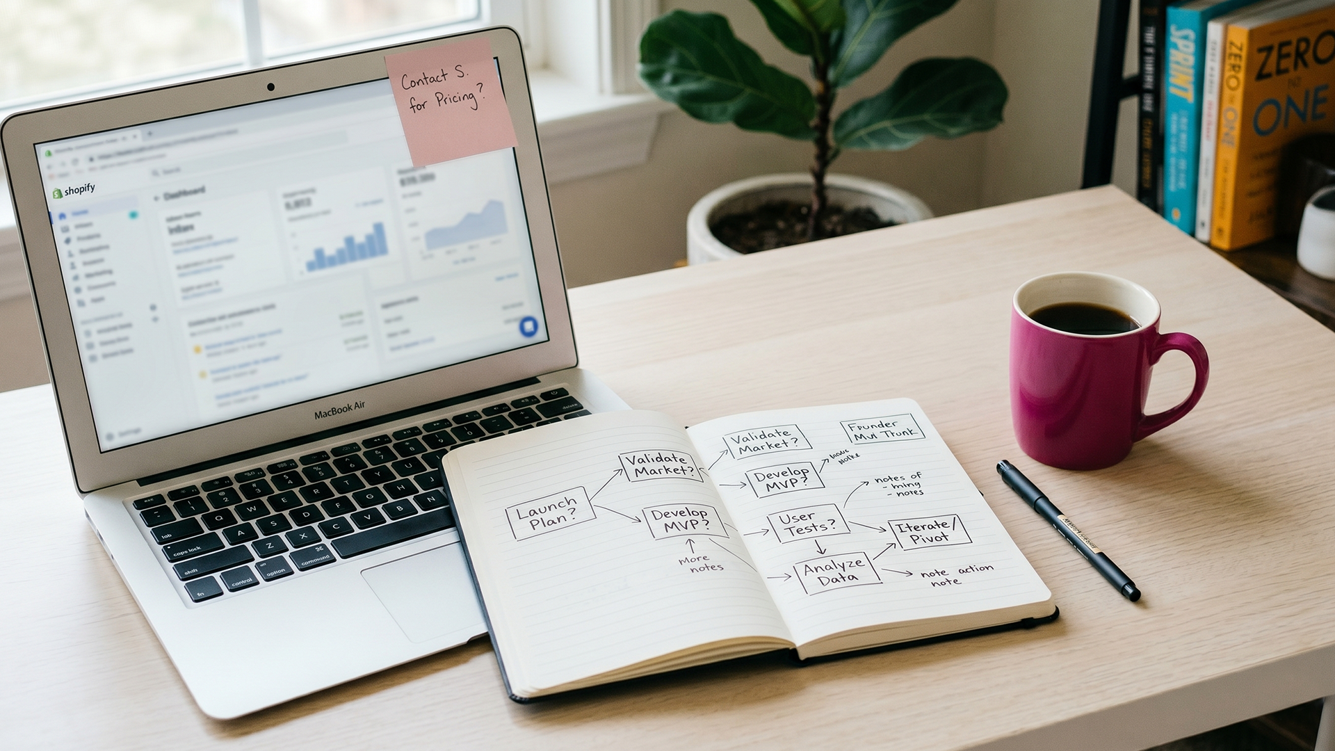 Laptop with Shopify inbox open beside a notebook with a handwritten support decision tree