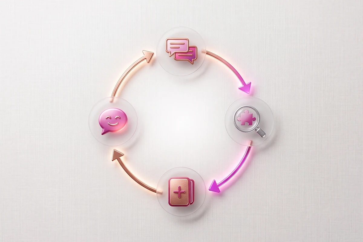 Loop diagram: chat logs reveal a missing question that becomes a new FAQ chatbot answer