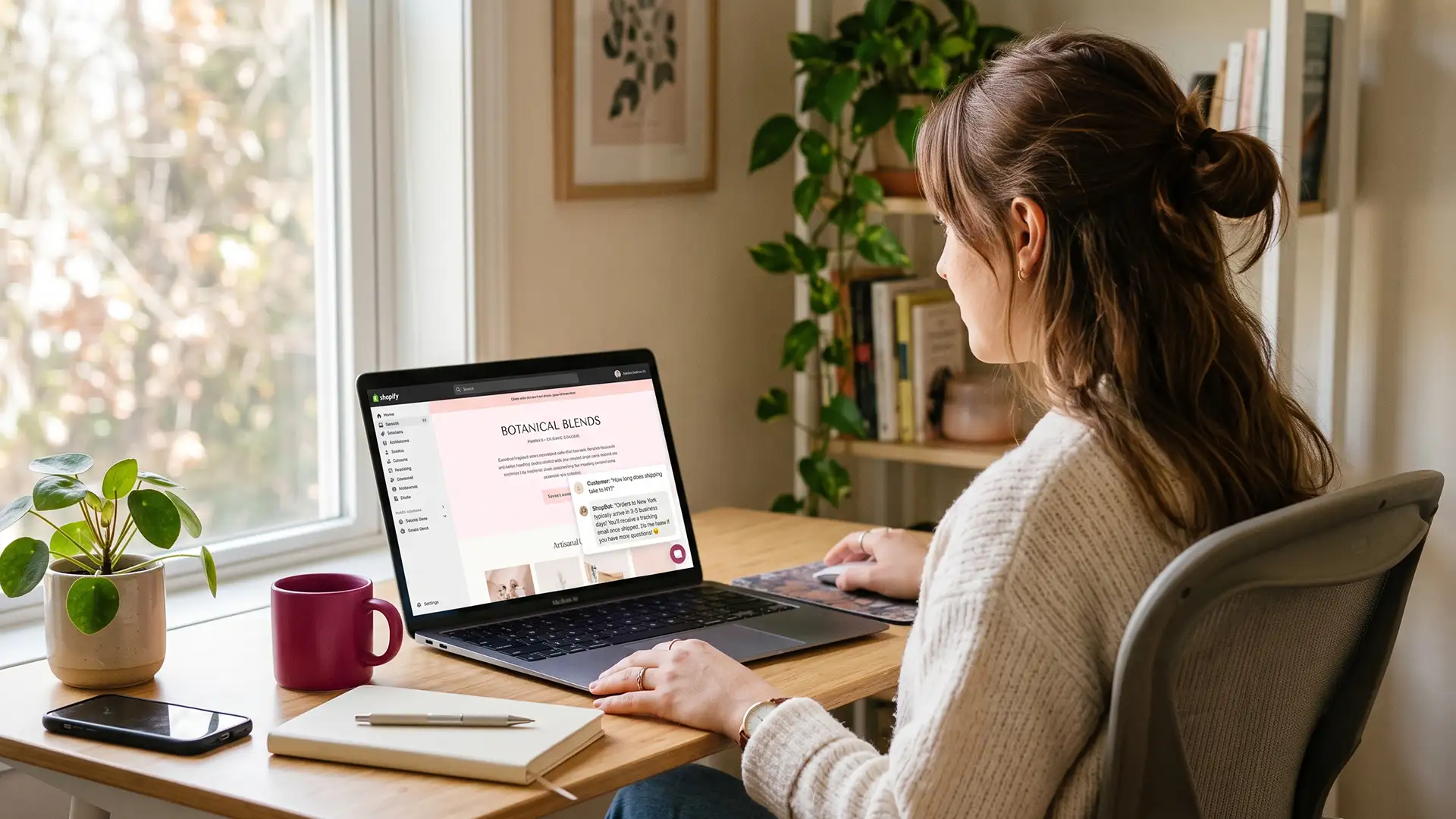 Shopify owner's laptop showing a chat widget answering a shipping question on the store