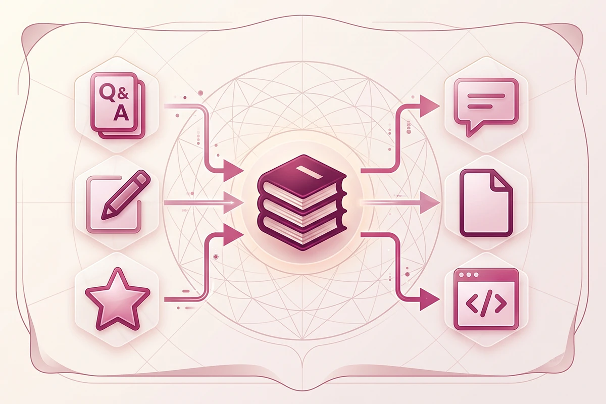 Diagram of FAQ, blog, and reviews feeding one knowledge base that powers a Shopify FAQ chatbot