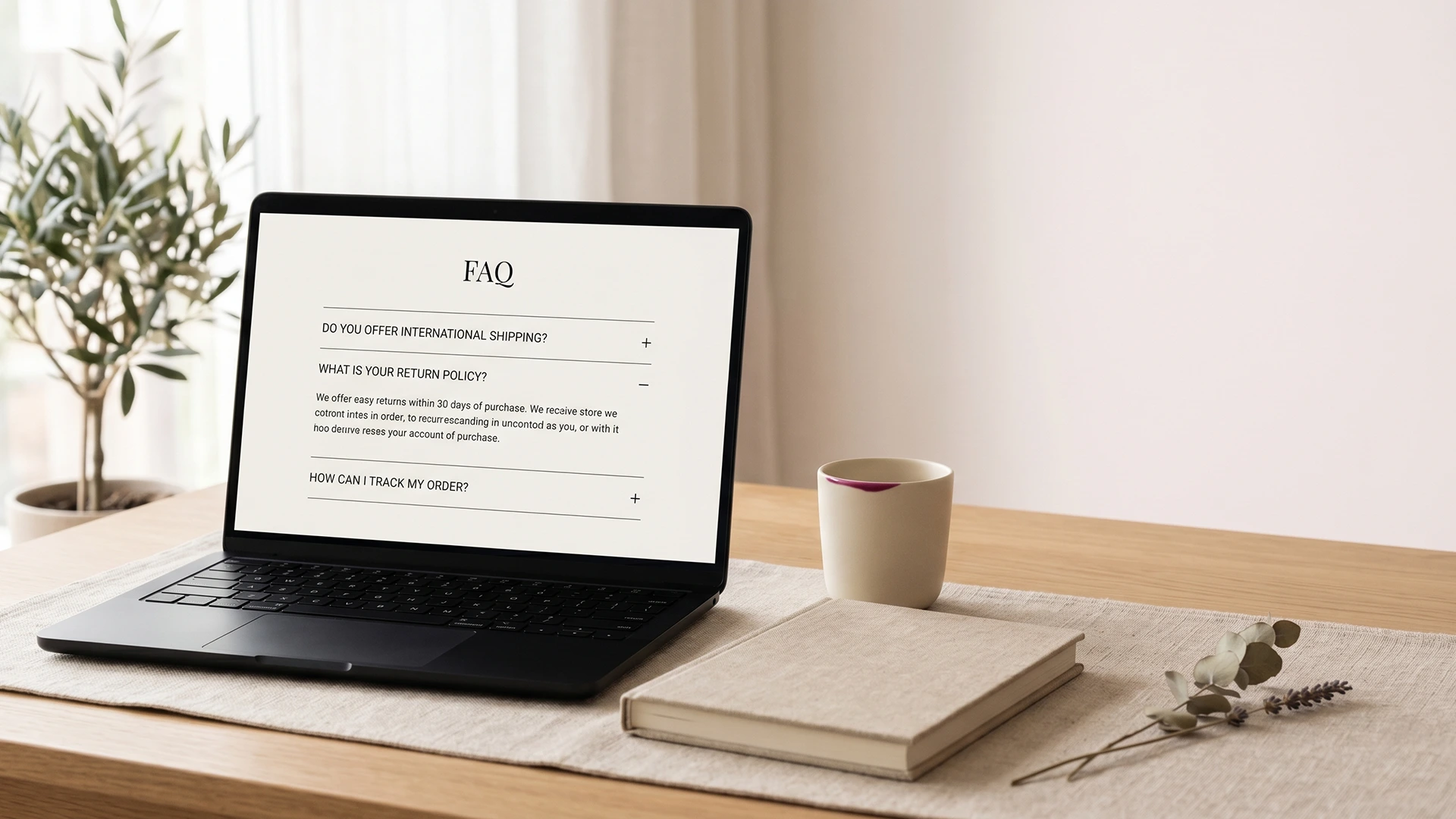 Laptop on a calm desk showing a Shopify store FAQ section, with a notebook and coffee