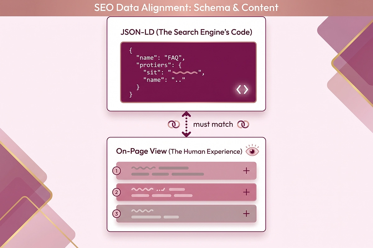 Diagram showing FAQ schema as JSON-LD in the page head and visible Q and A on the page