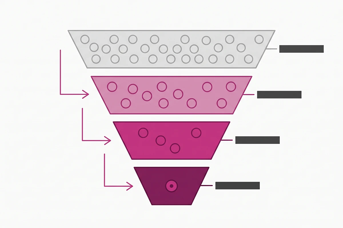 Funnel diagram narrowing a broad gift guide topic down to one niche angle a small store can own