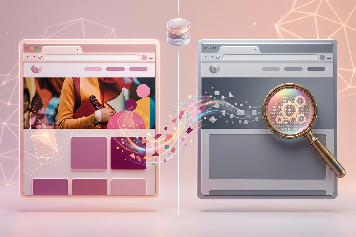 Split view: a Shopify home page as a shopper sees it versus what Googlebot can read