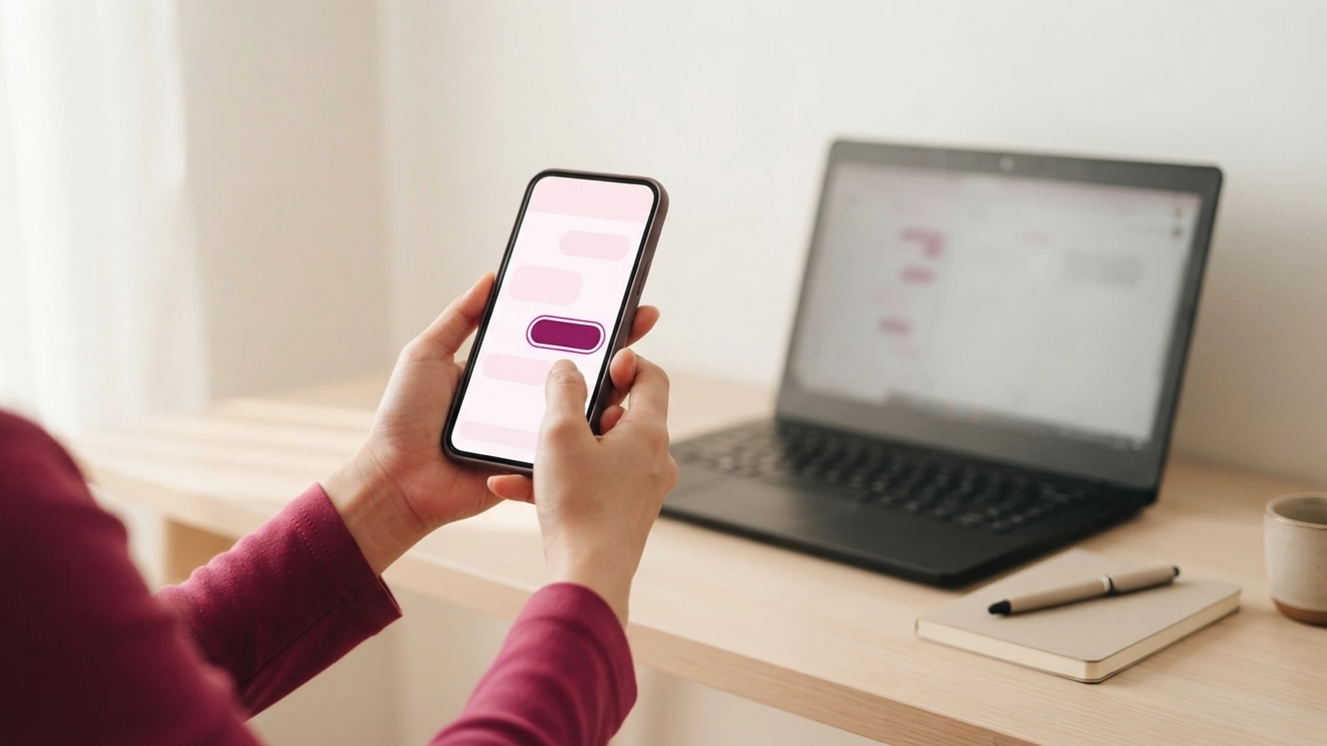Hands holding a phone with a chat thread beside a laptop, reviewing Shopify Inbox agent answers