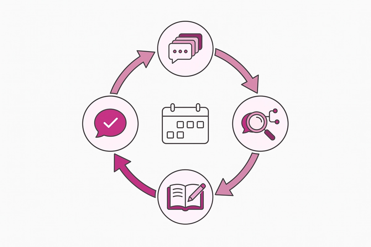 Four-step weekly loop for checking Shopify Inbox agent transcripts and fixing the source