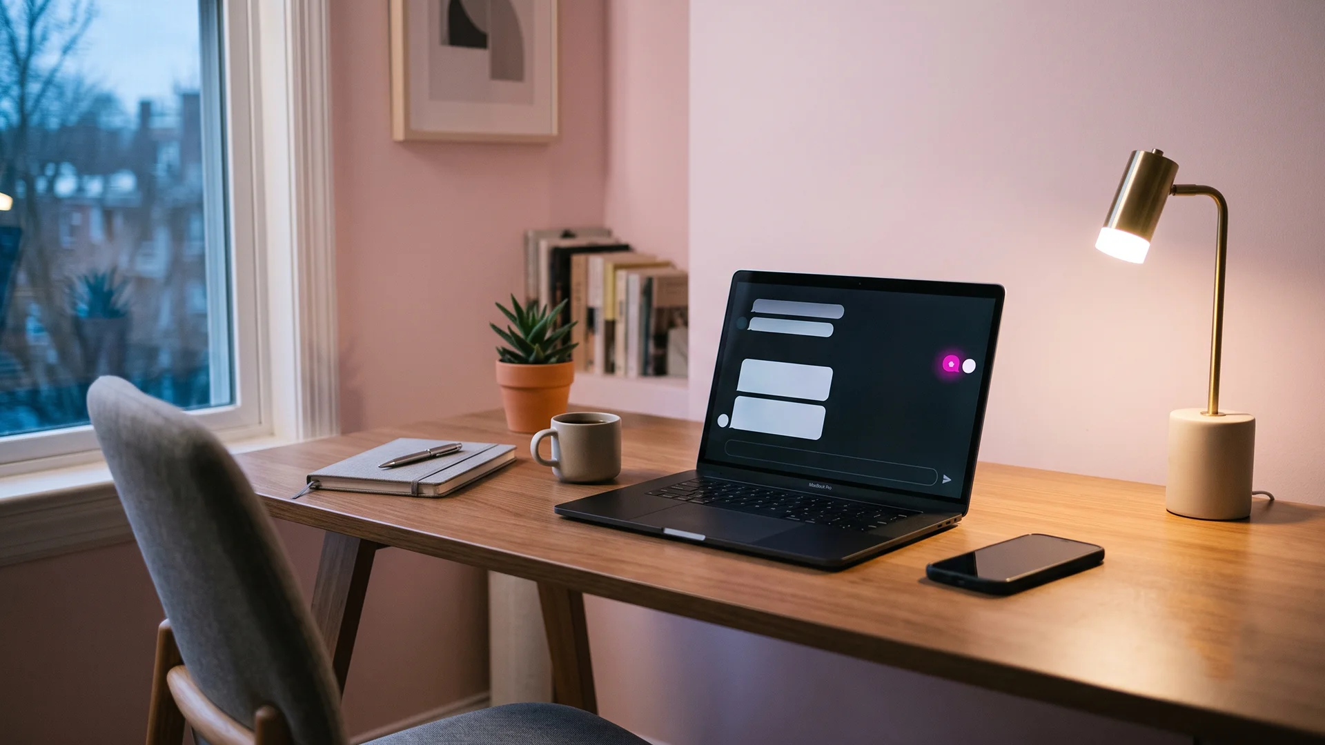 Solo founder's desk at dusk with a laptop chat window showing one unanswered message