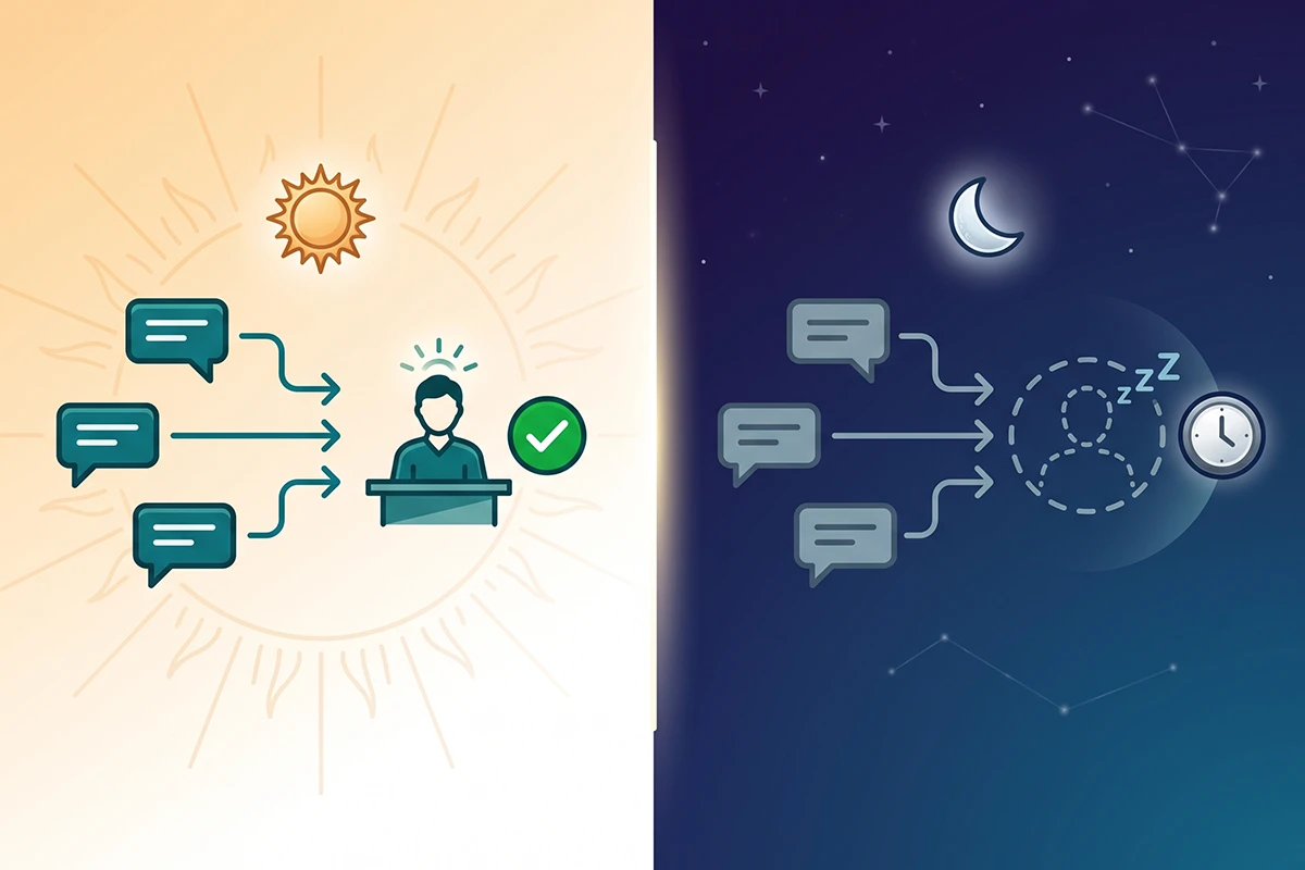 Diagram of Shopify Inbox coverage: a human answers every chat by day, a gap opens at night