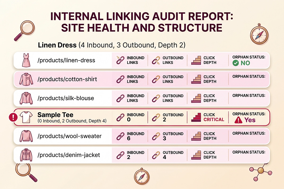 Stylized spreadsheet for auditing Shopify internal linking with columns for page, inbound links, and orphan status
