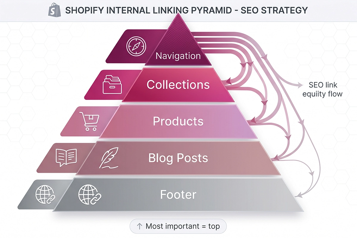 Diagram of the five-layer Shopify internal linking system: navigation, collections, products, blog, footer