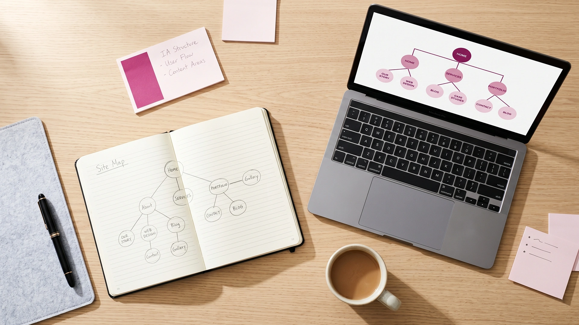 Flat-lay desk with laptop showing a Shopify internal linking site map and a handwritten notebook
