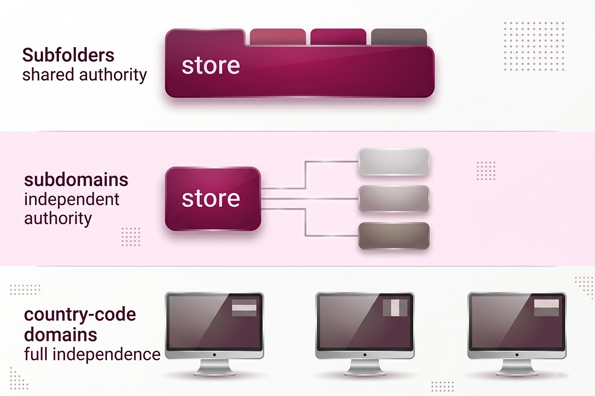 Diagram of one Shopify store branching into subfolder, subdomain, and country-domain market URLs