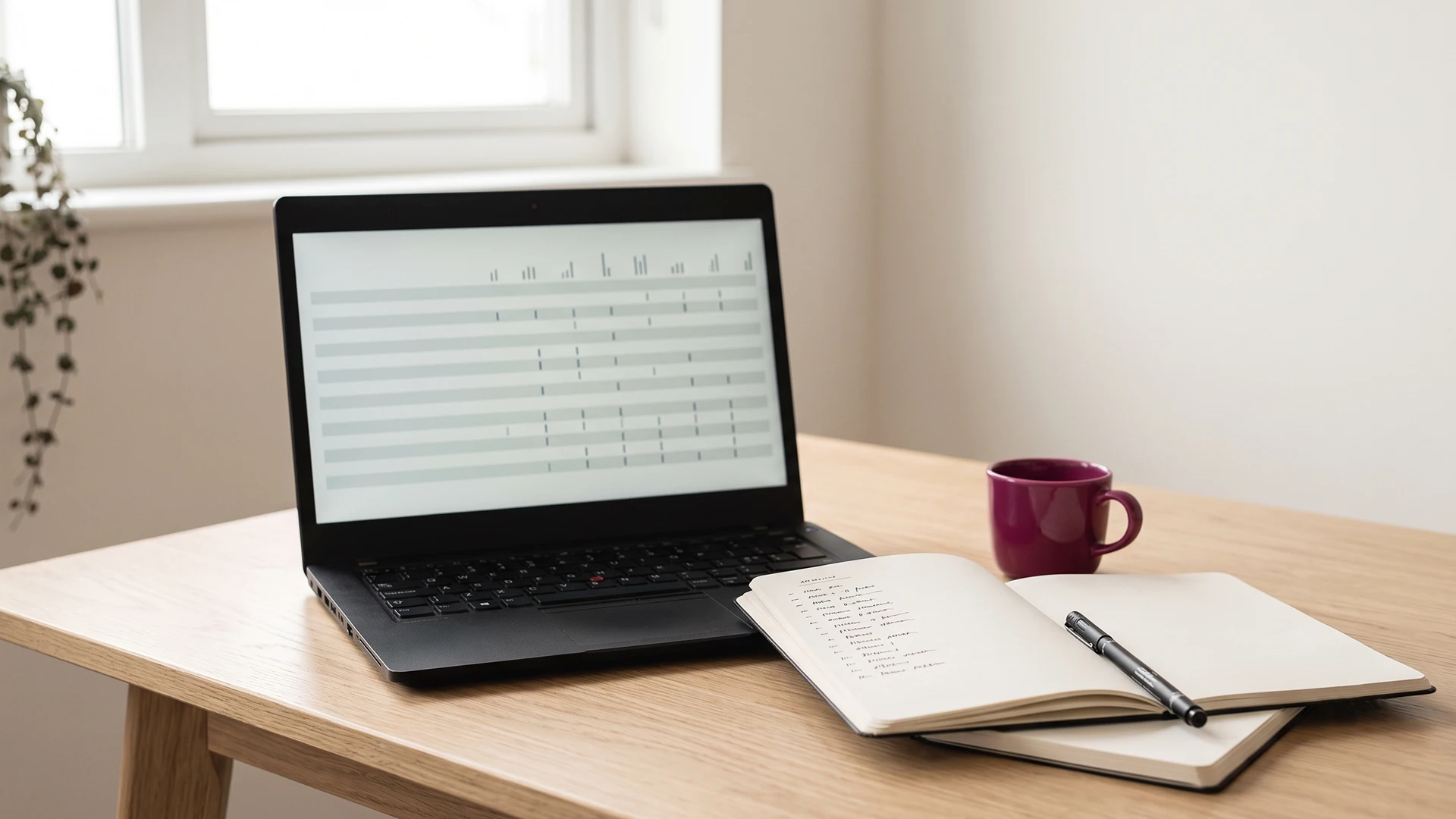 Laptop showing a search query report beside a notebook of handwritten keyword research notes