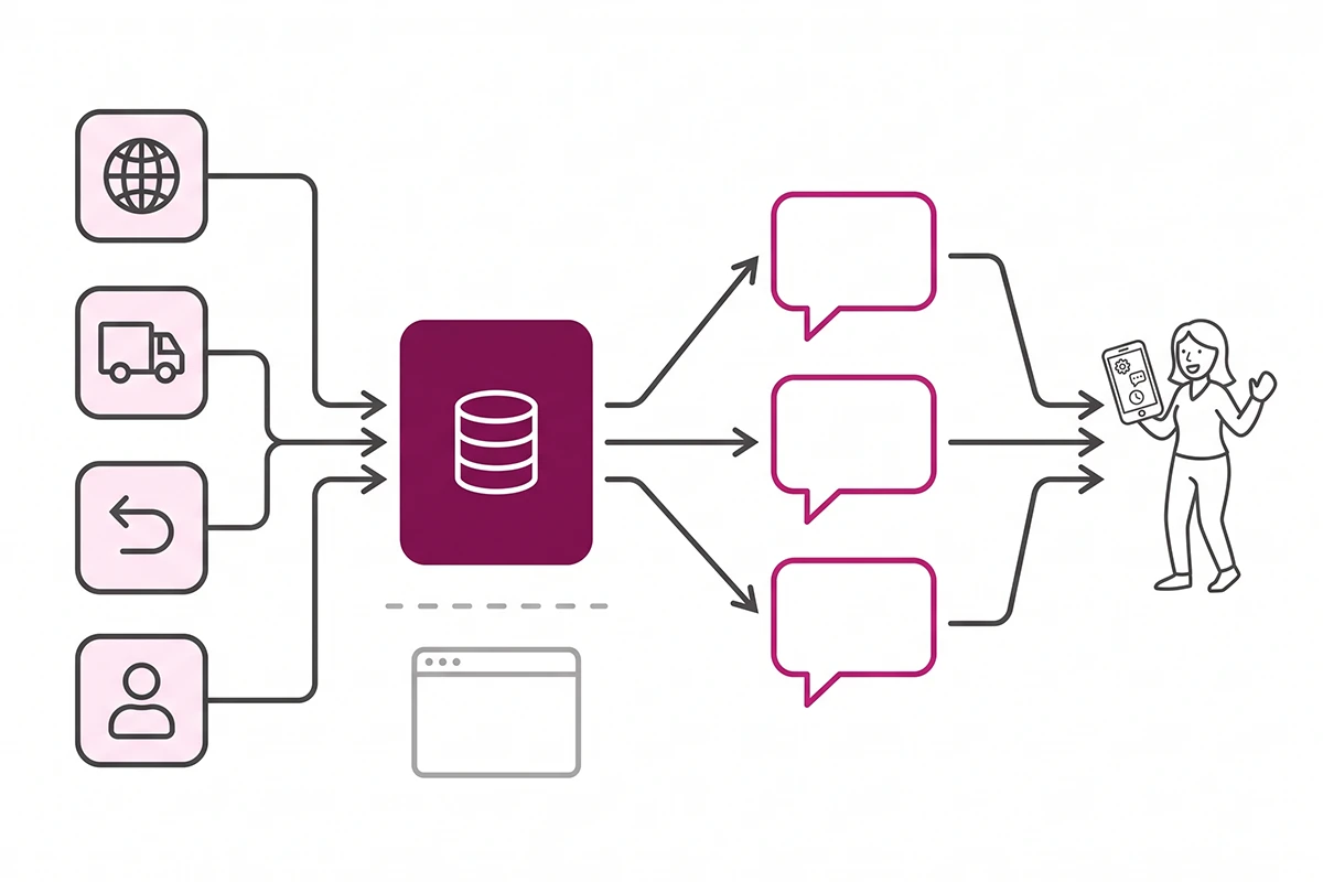 Diagram of Shopify store settings feeding store facts to AI shopping agents, not the storefront