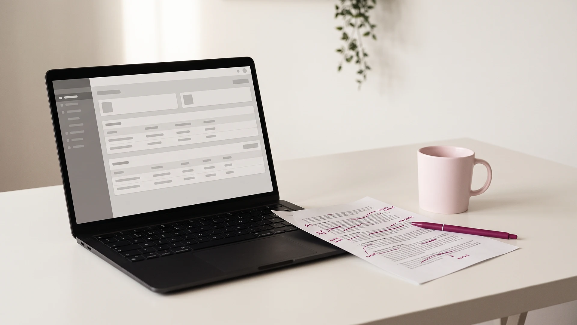 Laptop showing a Shopify admin beside a policy sheet marked up in magenta pen on a calm desk