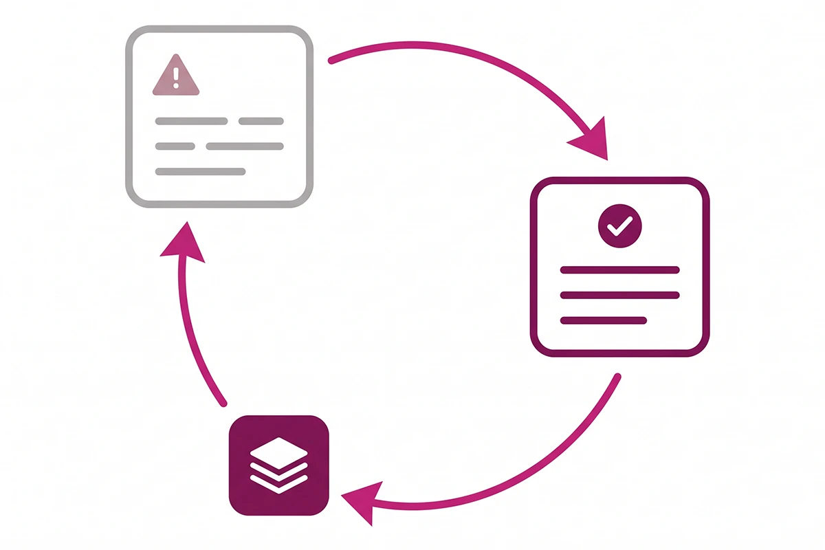Loop diagram showing a wrong store fact corrected at the source and fed back to AI agents