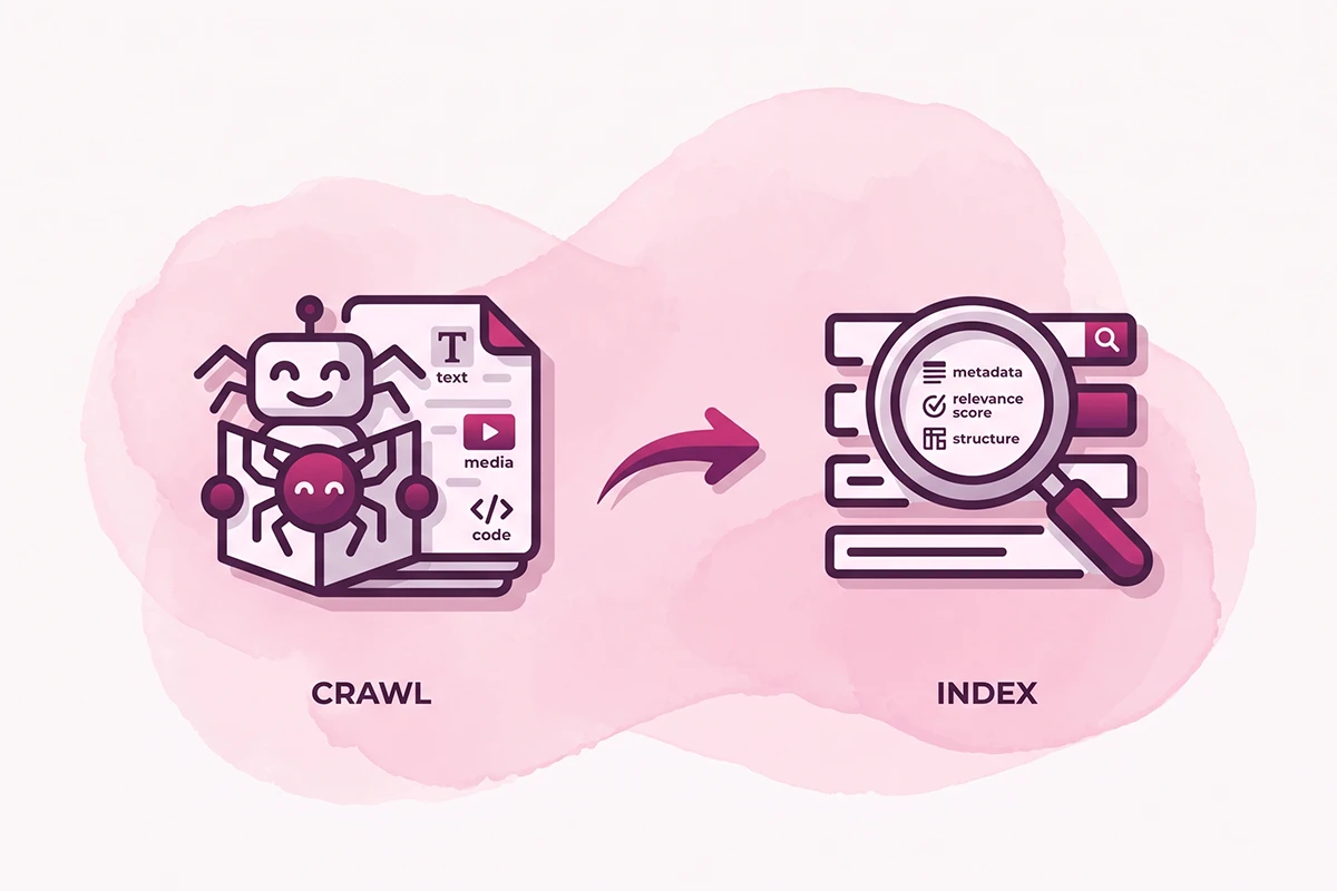 Diagram showing crawling as a bot reading a page and indexing as the page entering search results