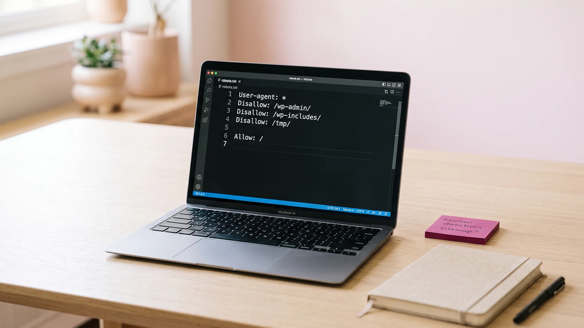 Shopify theme code editor open to a robots.txt file on a laptop, for safe Shopify no index setup