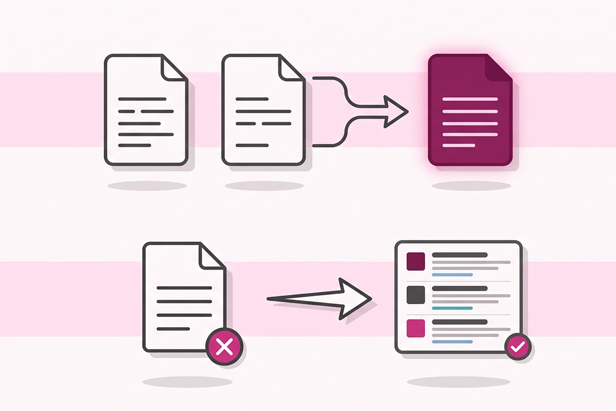 Diagram contrasting a canonical tag consolidating two URLs with a noindex tag removing one page