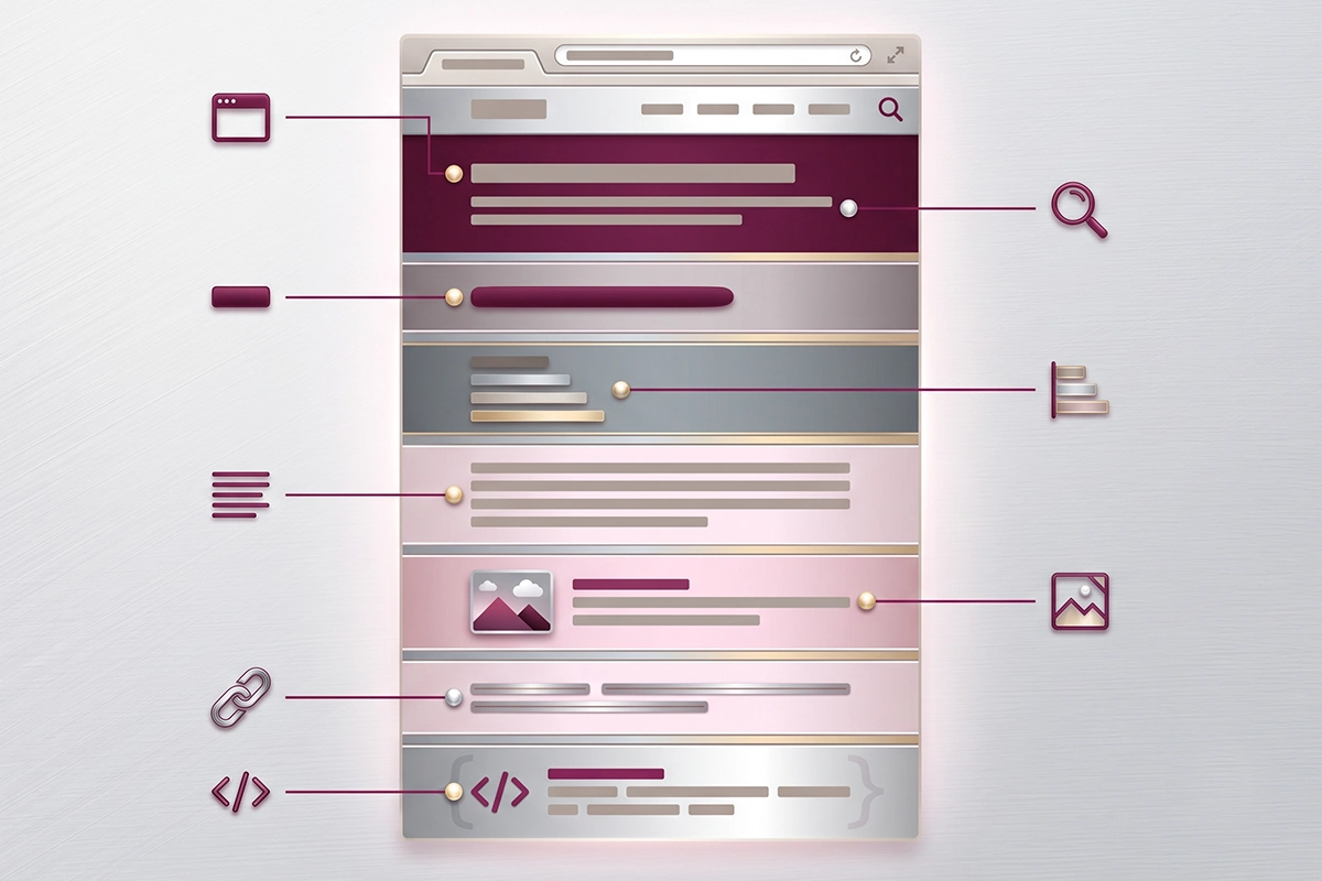 Diagram of one Shopify page showing where each on-page SEO element lives