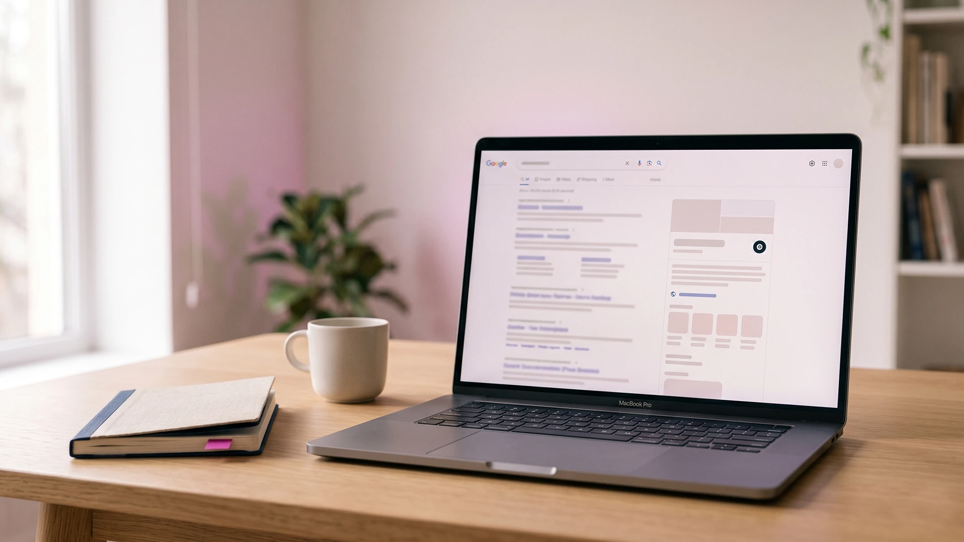Laptop showing a Shopify brand-name search with a Google entity panel on a calm magenta-lit desk