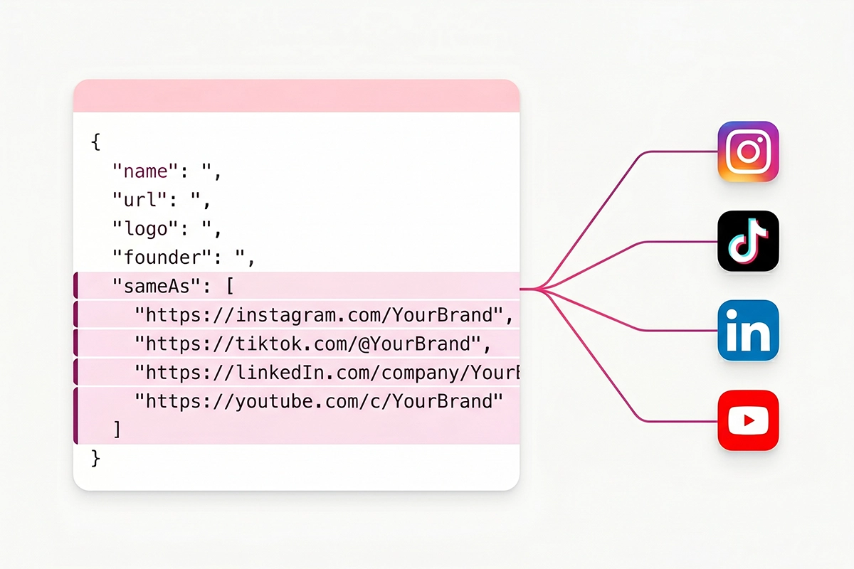 Annotated Shopify Organization schema JSON-LD block labeling name, logo, sameAs, and founder