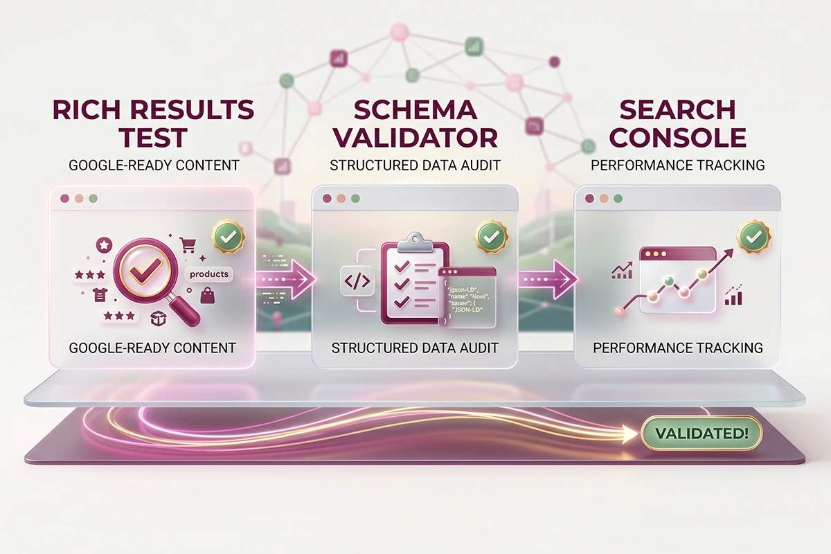 Three-step validation of Shopify Organization schema: Rich Results Test, Schema validator, Search Console