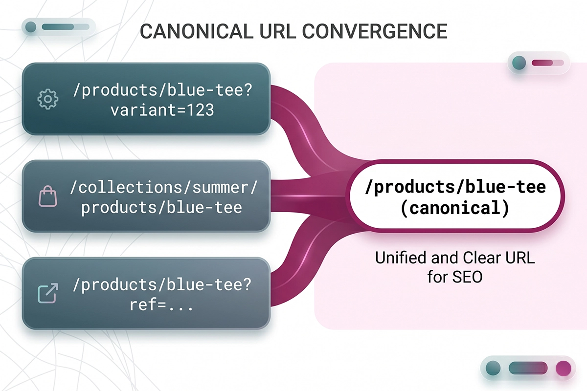 Diagram of Shopify variant and collection URLs pointing to one canonical product URL