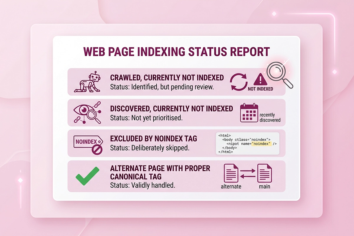 Google Search Console page indexing report showing why Shopify pages are not indexed