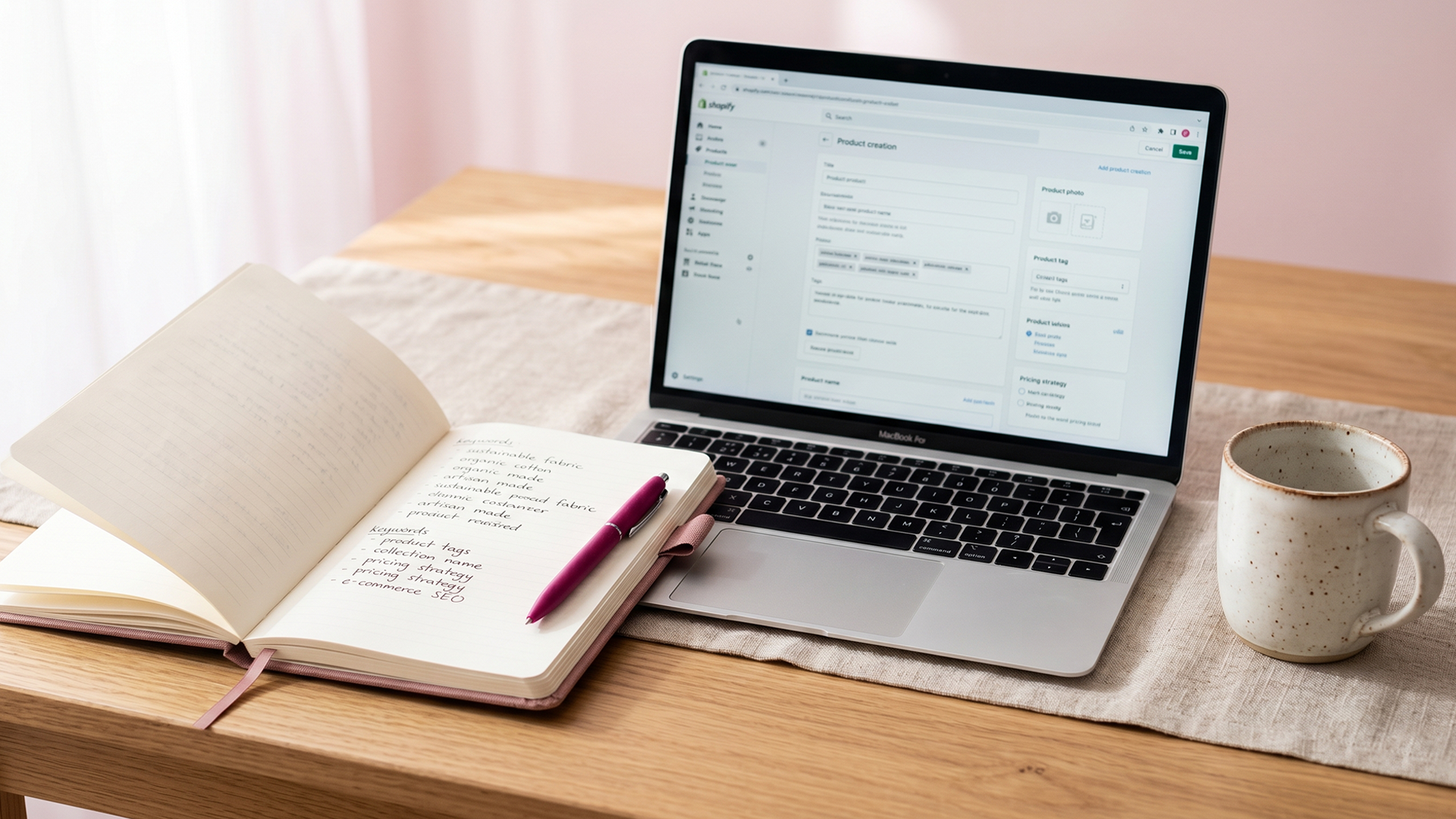 Laptop showing a Shopify product editor next to a notebook with handwritten keyword notes