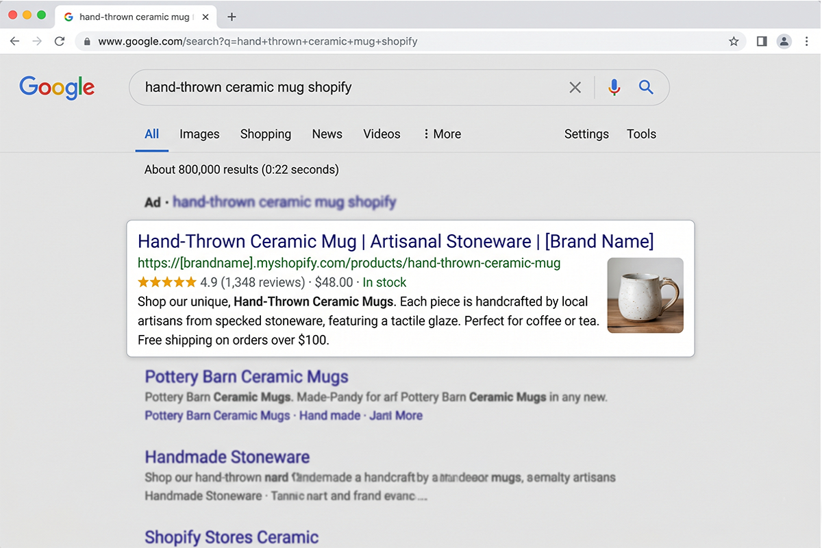 Google search result showing a Shopify product with star ratings, price, and stock from product schema