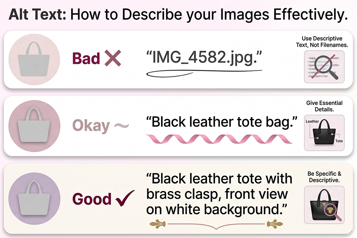 Three-row comparison showing bad, okay, and good alt text for the same Shopify product image