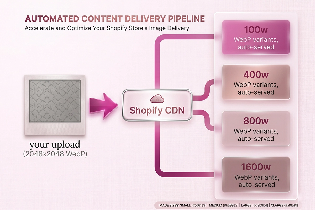 Diagram showing one uploaded image being served as multiple sizes and WebP variants by the Shopify CDN