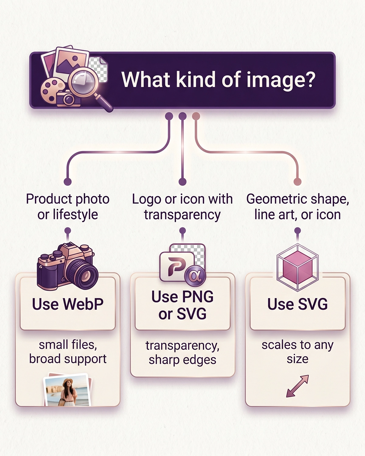 Decision flowchart showing when to use WebP versus PNG versus SVG for Shopify product image SEO