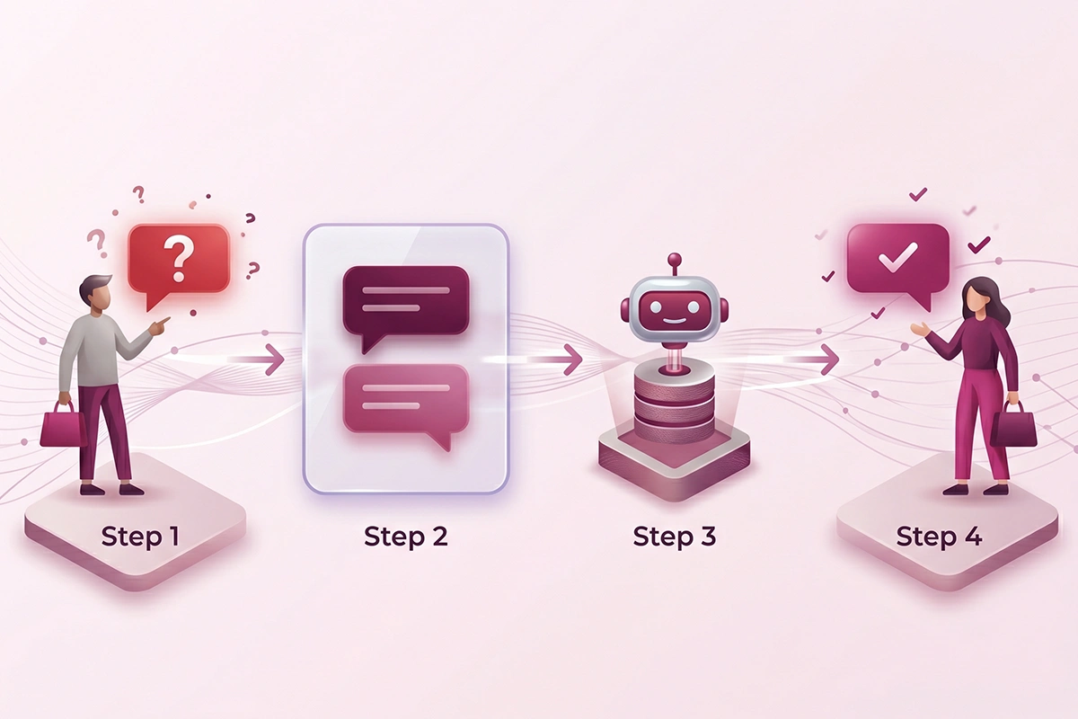 Flow showing an answered question feeding a chatbot that answers the next shopper