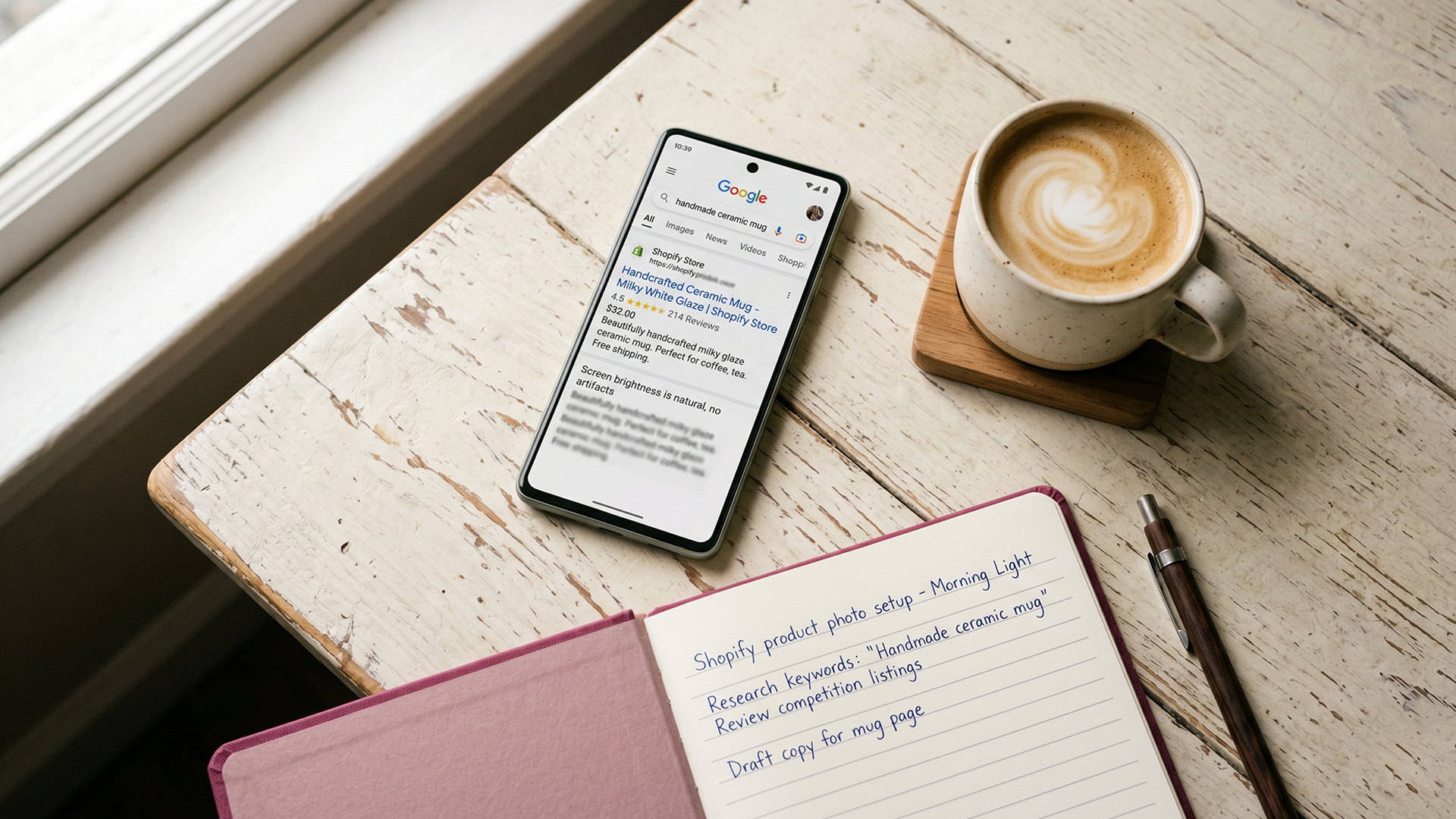 Quiet desk scene with a phone showing a Shopify product page with five-star reviews in a Google search result