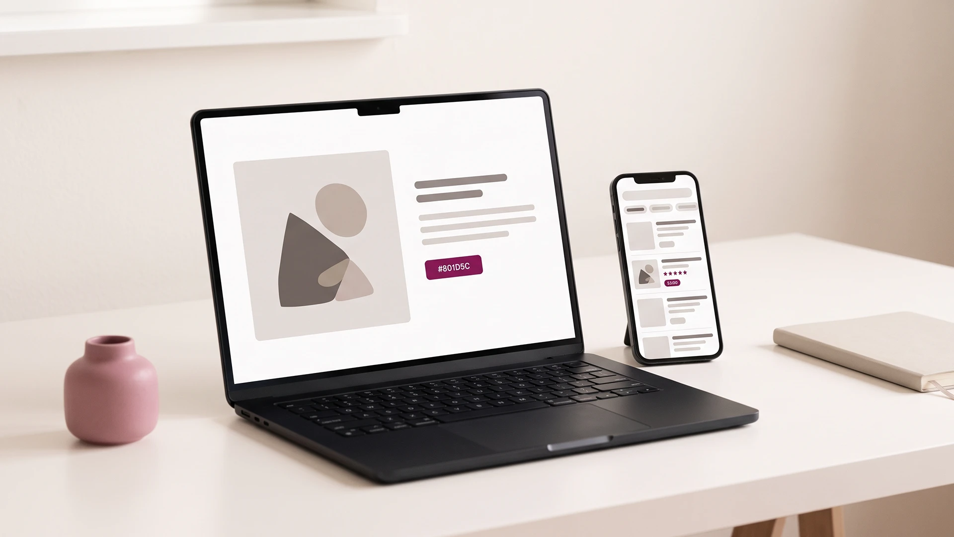 Laptop showing a Shopify product page beside a phone displaying a search result with price and stars
