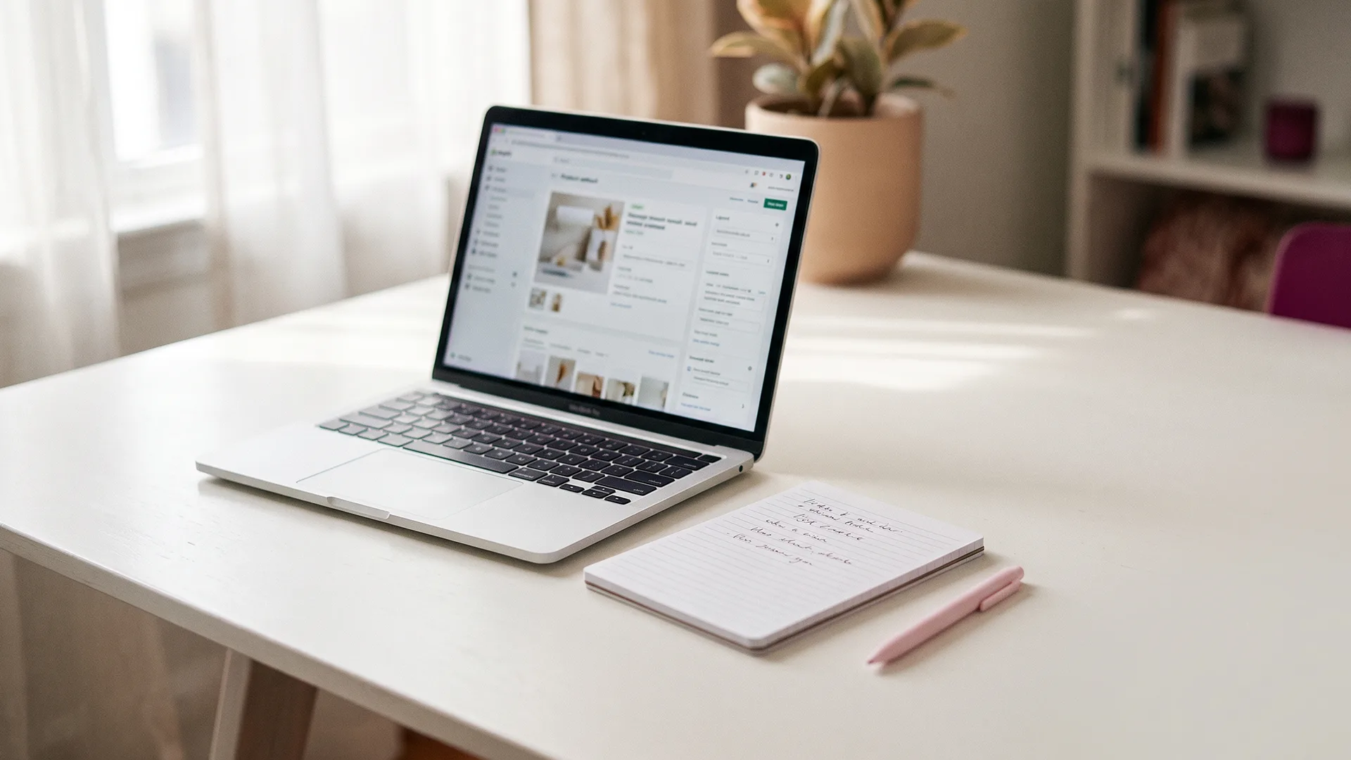 Shopify search engine listing editor open beside a handwritten product title formula card
