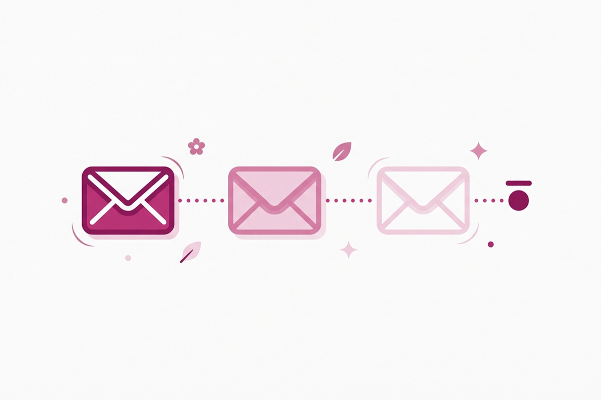 Three-touch review request cadence: initial email plus two spaced reminders, then a stop marker