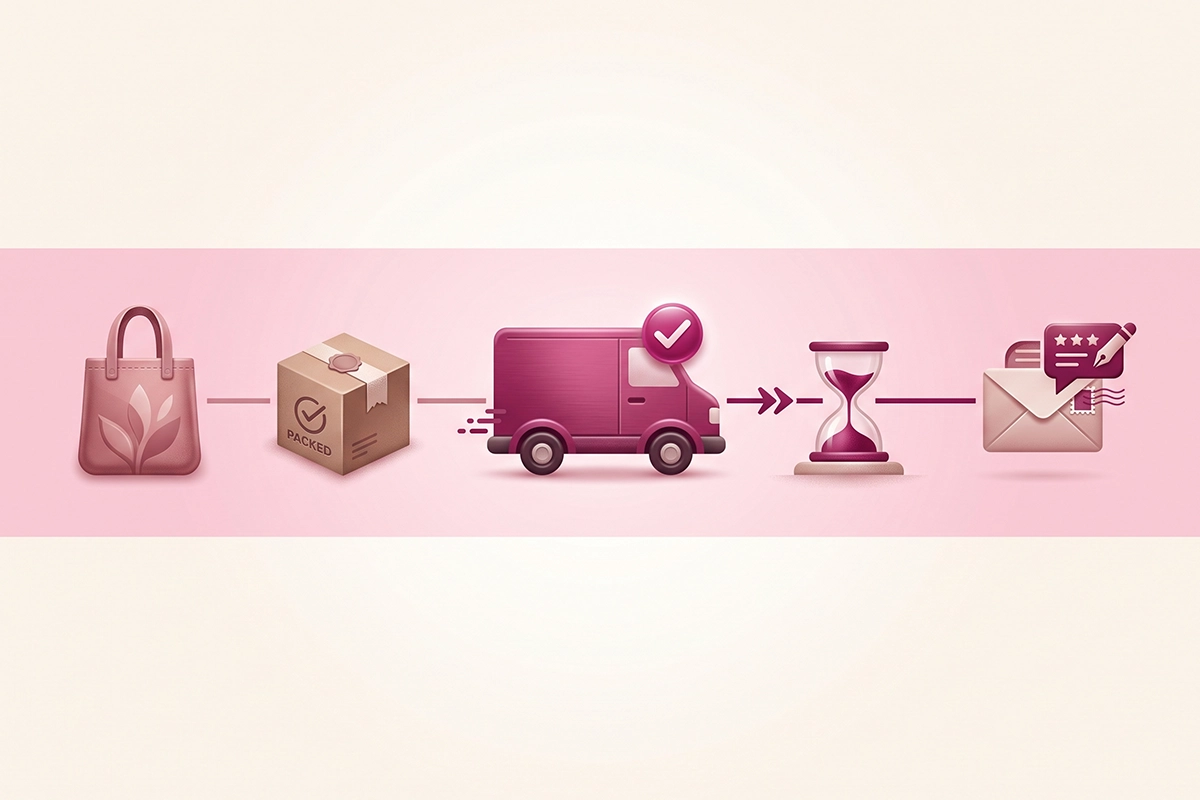 Review request timeline: order, fulfilled, delivered, short wait, then request, with delivery highlighted