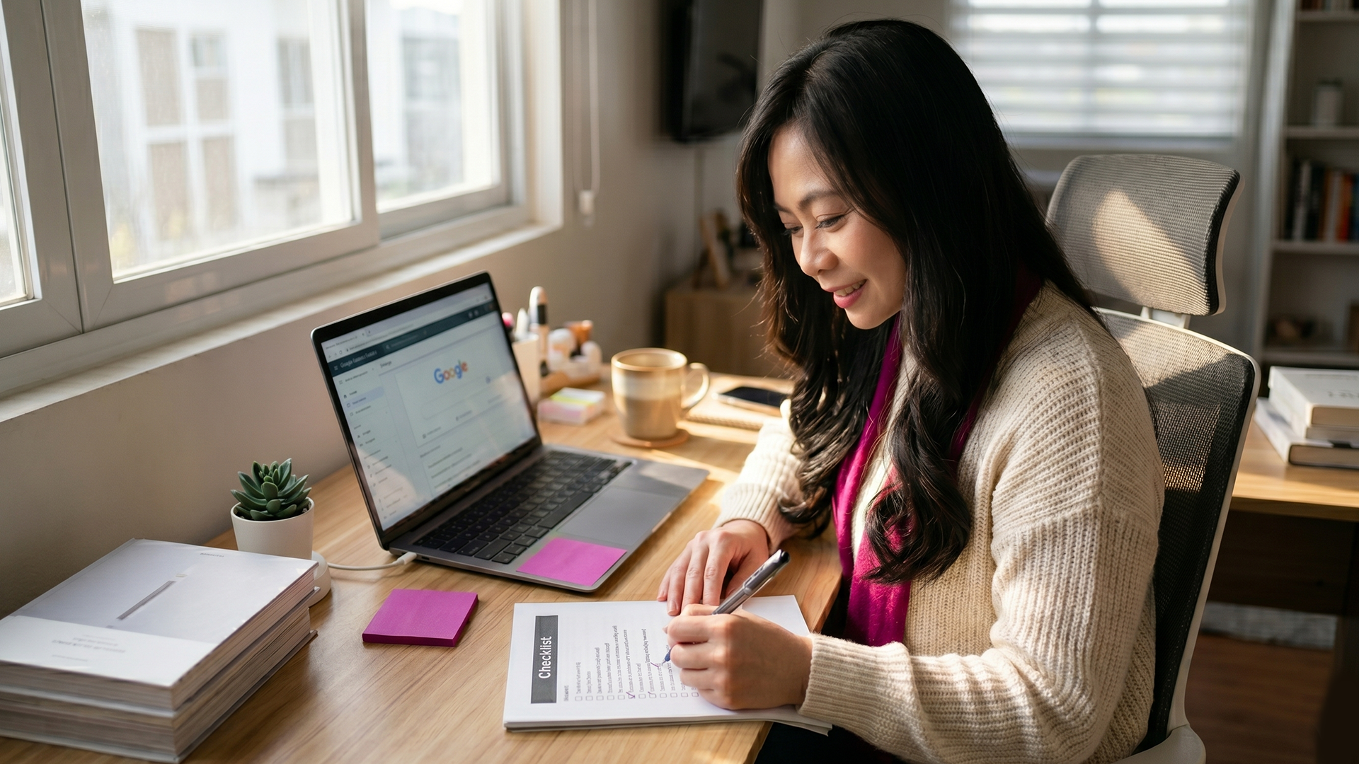 Founder reviewing a Shopify SEO audit checklist on a laptop with a notebook nearby