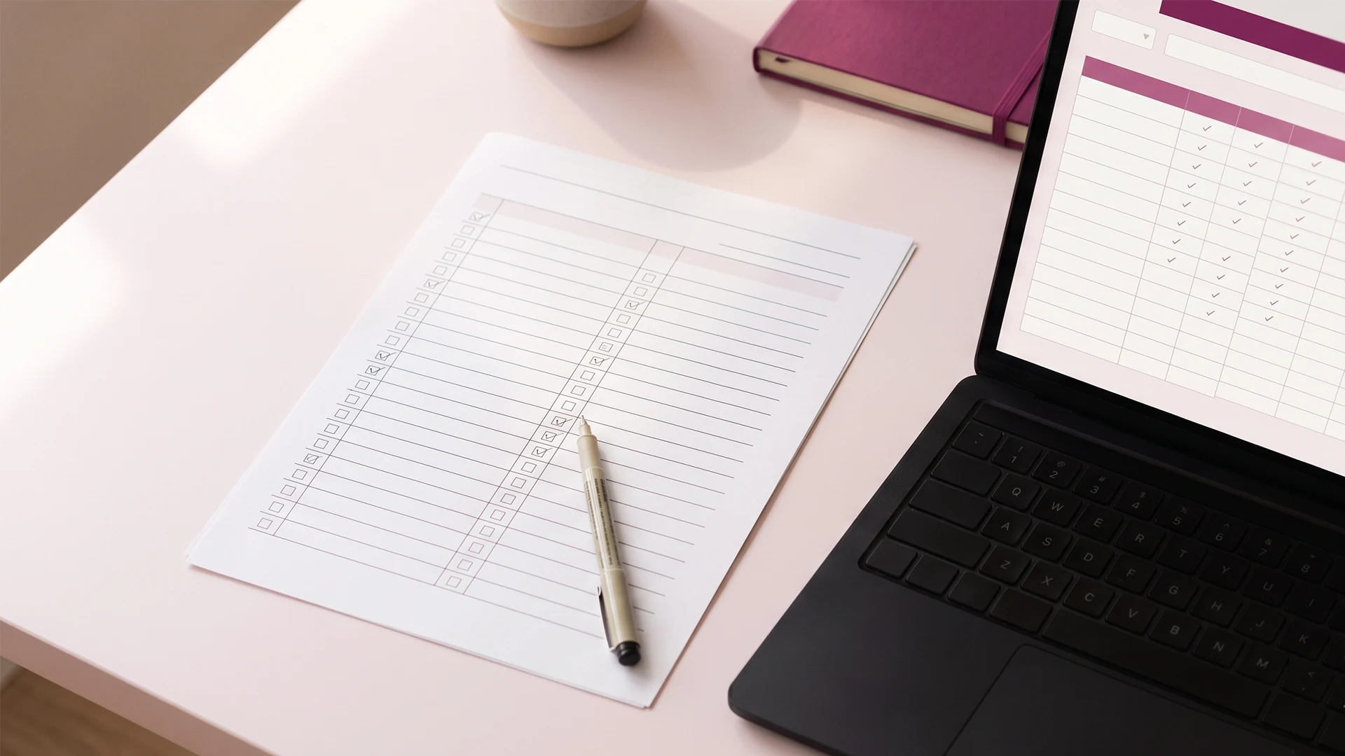 Printed Shopify SEO checklist template beside a laptop showing a spreadsheet tracker