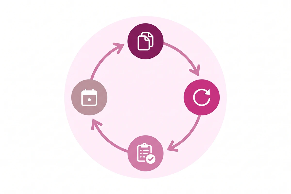 Circular diagram of a quarterly four-step Shopify SEO checklist review cycle