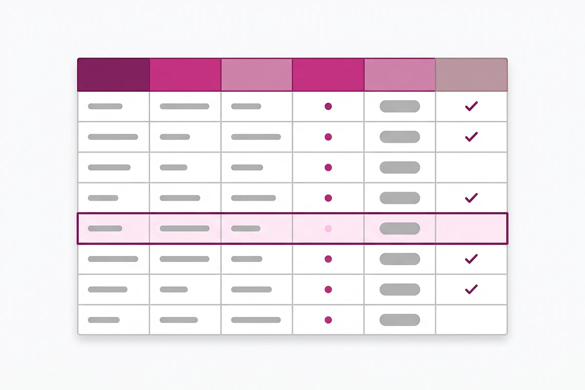Diagram of a Shopify SEO checklist template spreadsheet with six color-coded columns