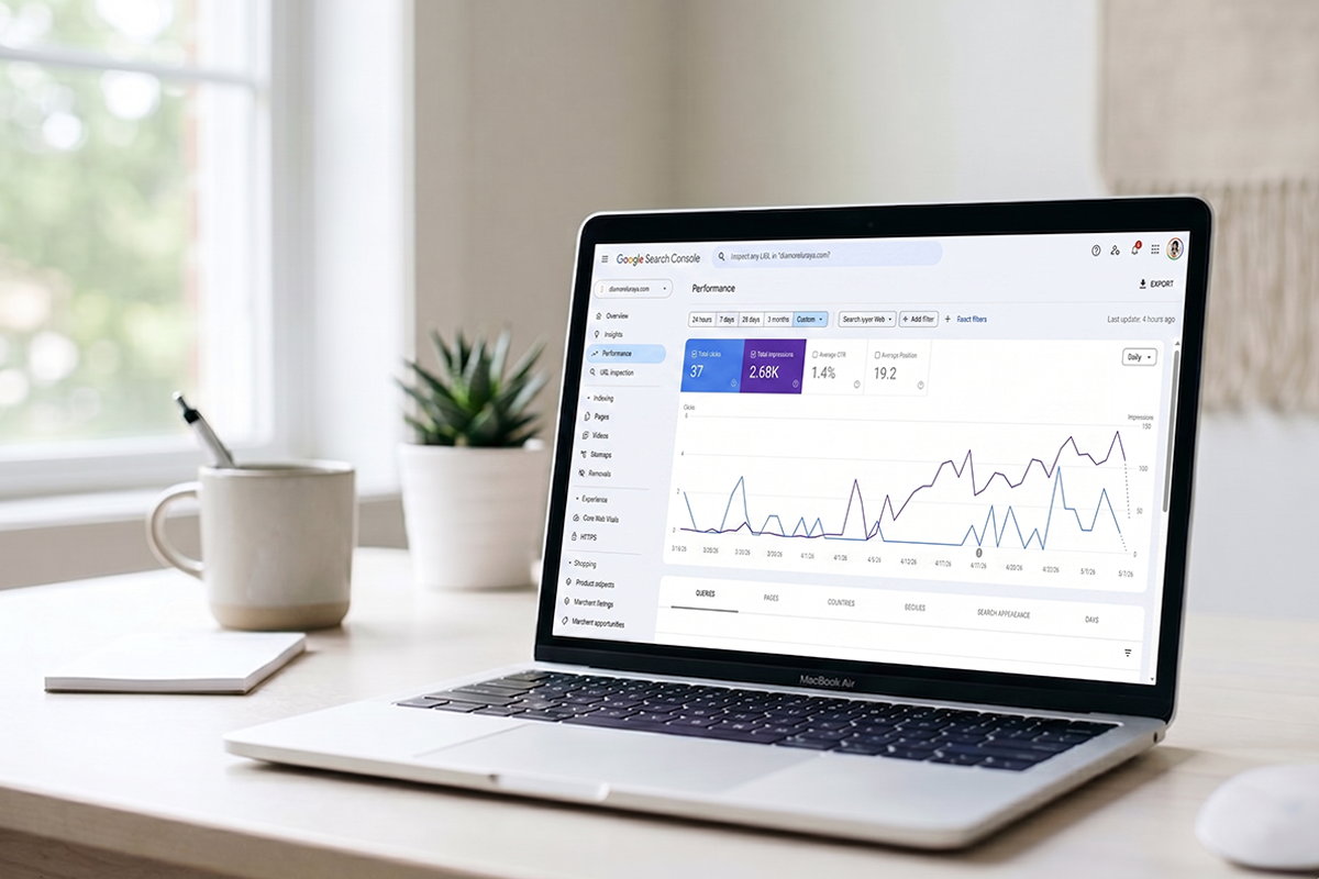 Laptop showing rising search impressions chart for Shopify SEO tracking