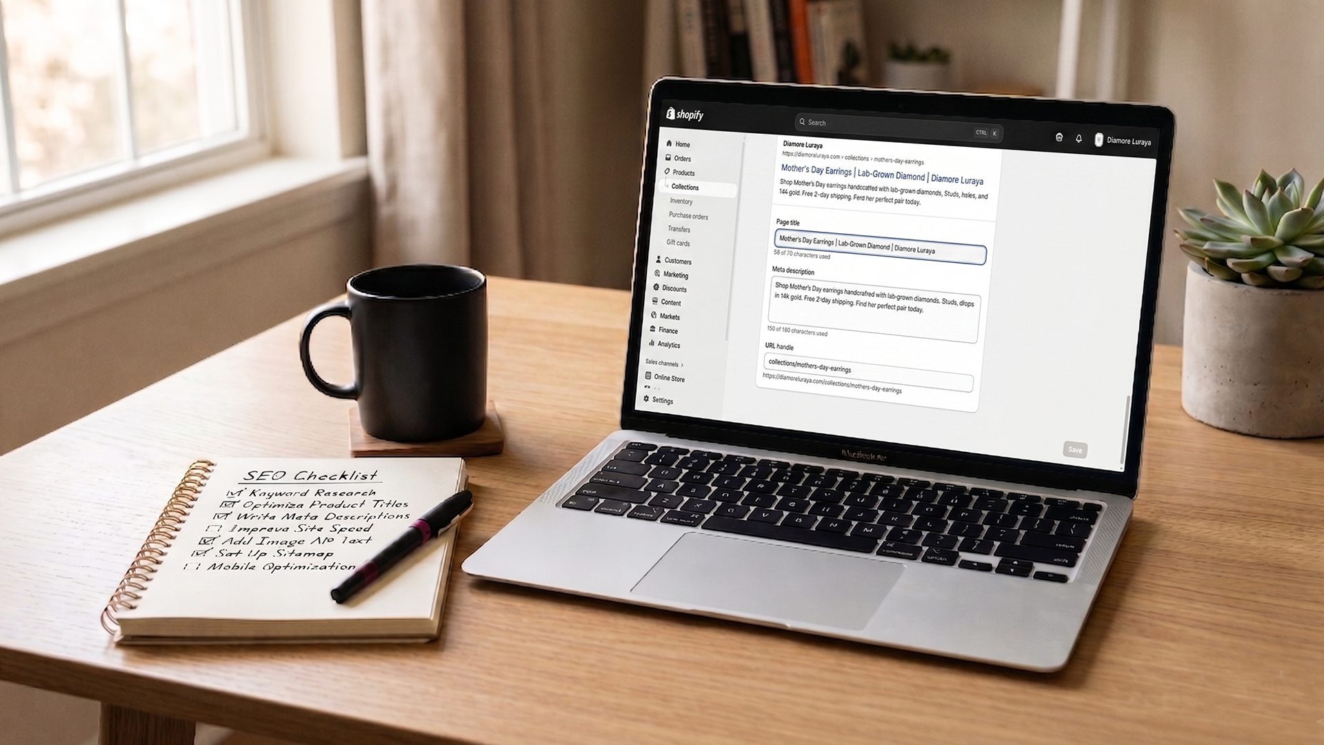 Clean desk with laptop showing Shopify SEO checklist settings and a handwritten notebook