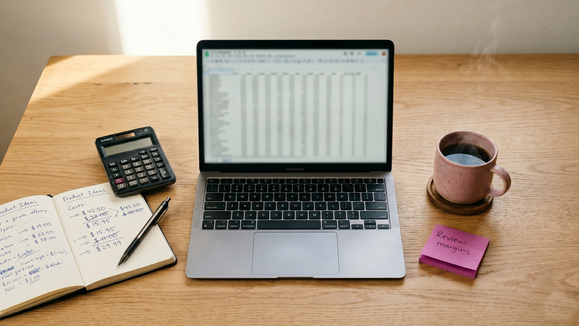 Shopify owner's desk with laptop showing SEO pricing spreadsheet and handwritten notes