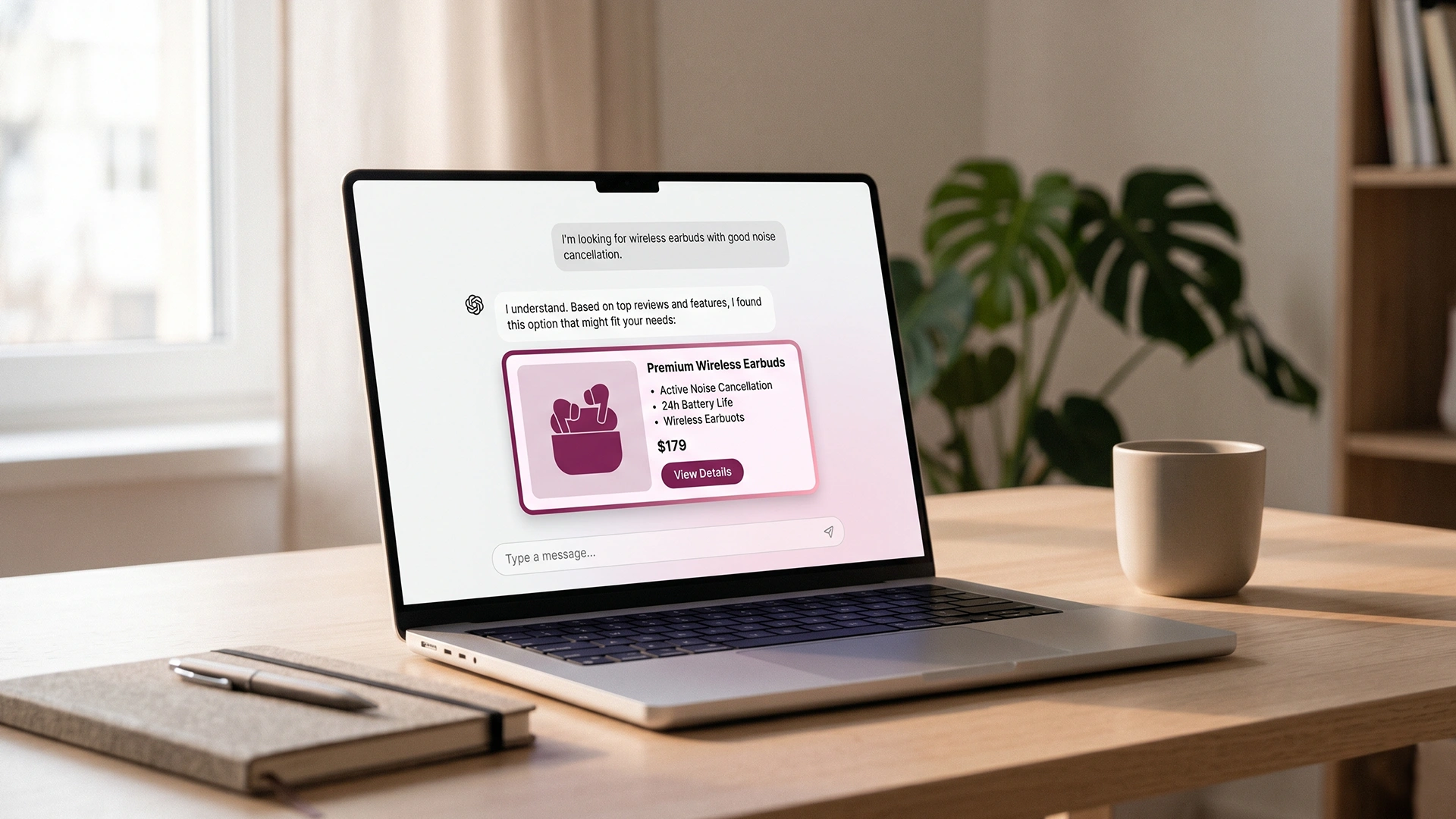 Laptop showing an AI chat recommending a Shopify product, in soft magenta studio lighting