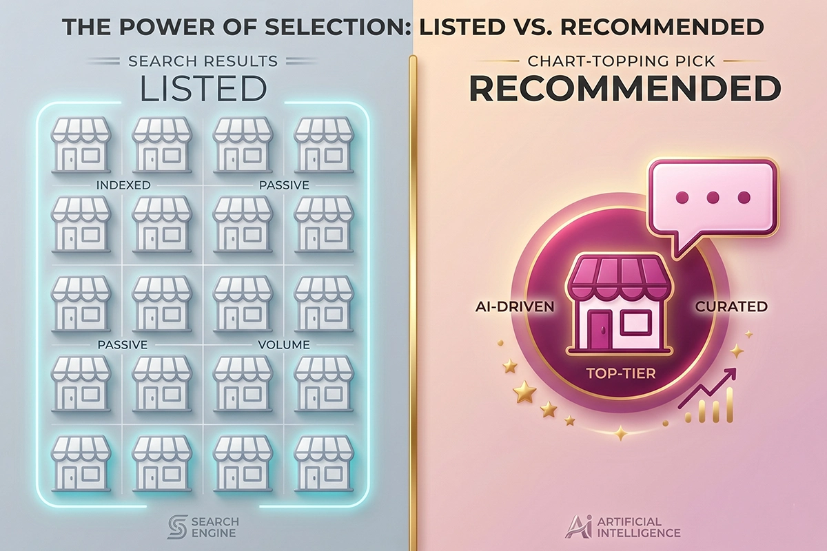Diagram showing the difference between a Shopify store being listed versus recommended in ChatGPT